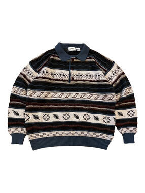 Vtg St Croix Sweater Polo Mens Large 3D Knit Striped Wool USA Made Grandpa Core